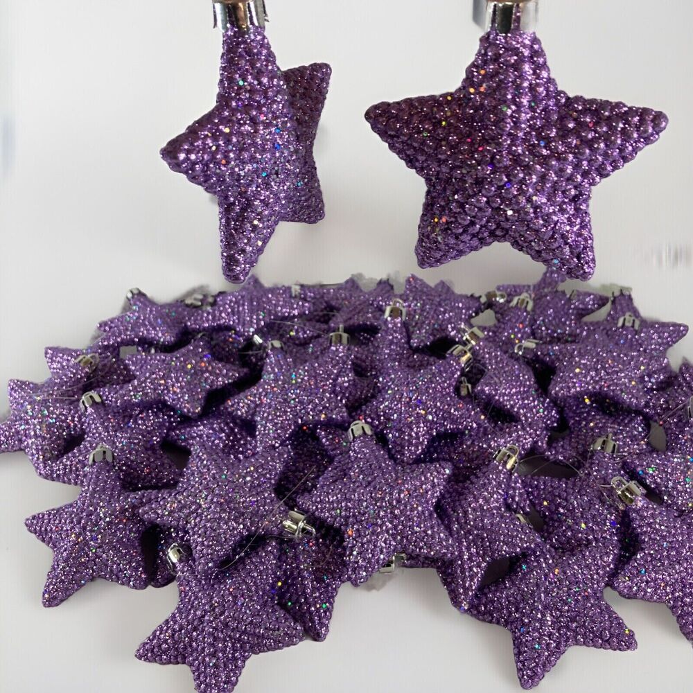 Purple Glitter Christmas Ornaments Stars Holiday Decor Lot Of 48 Vintage Violet